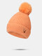 Women Knitted Solid Color Cartoon Elk Embroidered Fur Ball Decoration Plus Velvet Warmth Beanie Hat - Orange