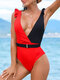 Women Contrast Color Patchwork Ruffles Trim Belted One Piece Swimwear - Black