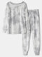 Plus Size Women Tie Dye Print Drop Shoulder Jogger Pants Long Pajama Sets - Grey