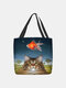 Women Cat Gold Fish Pattern Print Shoulder Bag Handbag Tote - Blue