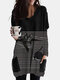 Striped Black Cat Print Pockets O-neck Plus Size Blouse - Black