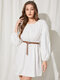 Solid Drawstring Waist Puff Sleeve Round Neck Casual Dress - White