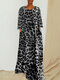 Vintage Leopard Print Pockets Long Sleeve Loose Dress - Dark Grey