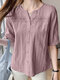 Solid Lace Panel Button Front Crew Neck Short Sleeve Blouse - Pink