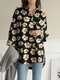 Women Floral Print Lapel High-Low Hem Long Sleeve Shirt - Black