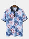 Mens Tropical Plant Print Holiday 100% Cotton Short Sleeve Golf Shirts - Blue
