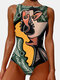 Women One Piece Graffiti Abstract Print Patchwork High Neck Sleeveless Slimming Swimsuit - Green1