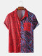 Mens Leopard Print & Zebra Stripe Patchwork African Animal Stripe Short Sleeve Shirt - Red