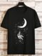 Mens Astronaut Moon Print Crew Neck Casual Short Sleeve T-Shirts Winter - Black