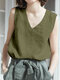 Cotton Solid V-neck Casual Sleeveless Tank Top - Green