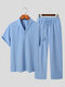 Mens Textured Shawl Collar Two Pieces Outfits - Blue