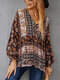 Bohemian Flower Print Button Long Sleeve Knotted Blouse - Black