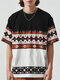 T-Shirts für Herren mit ethnischem geometrischem Muster, Rundhalsausschnitt, kurzärmelig - Schwarz