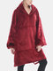 Women Flannel Thick Fleece Lined Comfy Oversized Blanket Hoodie Solid Sweatshirt With Kangaroo Pocket - Red