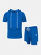 Mens Hooded Patchwork Sporty Running Mesh Net Two Piece Outfits - Blue