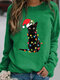 Christmas Black Cat Print Long Sleeves O-neck Sweatshirt For Women - Green