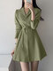 Solid Belt Long Sleeve Lapel A-line Casual Blazer Dress - Green
