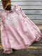 Embroidery Lace Long Sleeve Plus Size Vintage Blouse - Pink
