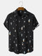 Mens Cactus Pattern Lapel Short Sleeve Black Shirt With Pocket - Black