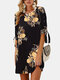 Floral Printed Half Sleeve O-neck Botanical Mini A-Line Dress - Black
