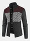 Mens Patchwork Stand Collar Knitted Thick Warm Casual Sweater Cardigan - Wine Red