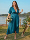 Plus Size Seeblau Tiefer V-Ausschnitt Kleid - blauer See