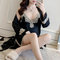 Ice Silk Gown With Chest Pad Strap Nightdress Lace Robe Two-piece - 931 two-piece set - black