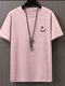 メンズ スマイルフェイス 胸プリント クルーネック 半袖 Tシャツ - ピンク
