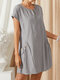 Solid Color Zip Front Button Casual Dress with Pockets - Grey