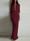 Brief Solid Stand Collar Long Sleeve Women Maxi Shirt Dress - Wine Red