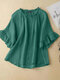 Women Solid Ruffle Sleeve Crew Neck Casual Blouse - Green
