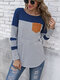 Striped Patchwork Long Sleeve O-neck Casual T-Shirt For Women - Blue
