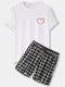 Mens Heart Chest Print Black T-Shirt & Plaid Shorts Drawstring Shorts Home Pajama Sets - White