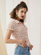 Floral Print Lace Ruched Button Lapel Short Sleeve Blouse - Orange