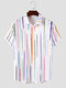 Mens Colorful Line Print Chest Pocket Daily Short Sleeve Shirts - White