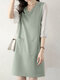 Contrast Dual Pocket 3/4 Sleeve V-neck Casual Dress - Green