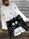 Cartoon Cats Print Long Sleeve Plus Size Blouse - White