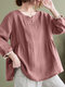 Lace Trim Long Sleeve Casual Crew Neck Blouse - Pink