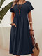 Women Solid Pleated Crew Neck Double Pocket Casual Dress - Dark Blue