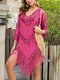 Women Crochet Tassel V-Neck Solid Color Pullover Cover Up Swimsuit - Rose