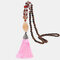 Vintage Buddha Wood Beads Long Necklace Ethnic Geometric Tassel Pendant Sweater Chain - 16