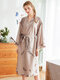 Plus Size Print Robe Silk Casual V-Neck Belt Long Sleeves Pajamas - Beige