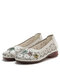 Socofy Genuine Leather Handmade Retro Ethnic Soft Comfy Breathable Hollow Floral Flat Shoes - White