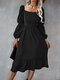 Solid Square Collar Shirred Long Sleeve Casual Dress - Black