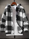 Mens Check Plaid Button Front Fleece Drawstring Hooded Jacket Winter - Black