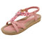 Women Bohemia Flower Bead Hollow Out Peep Toe Flat Slip On Beach Sandals - Pink