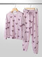 Women Allover Stars Hearts Print O-Neck Drawstring Beam Feet Pants Two Pieces Pajamas - Pink