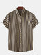 Mens Plain Stripe Turn Down Collar Casual Short Sleeve Shirts - Khaki