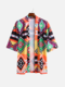 Mens Ethnic Style Funny Printing Half Sleeve Loose Casual Cardigans Jacket - Colorful