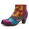 SOCOFY Bohemian Splicing Pattern Button Zipper Ankle Leather Boots - Purple
